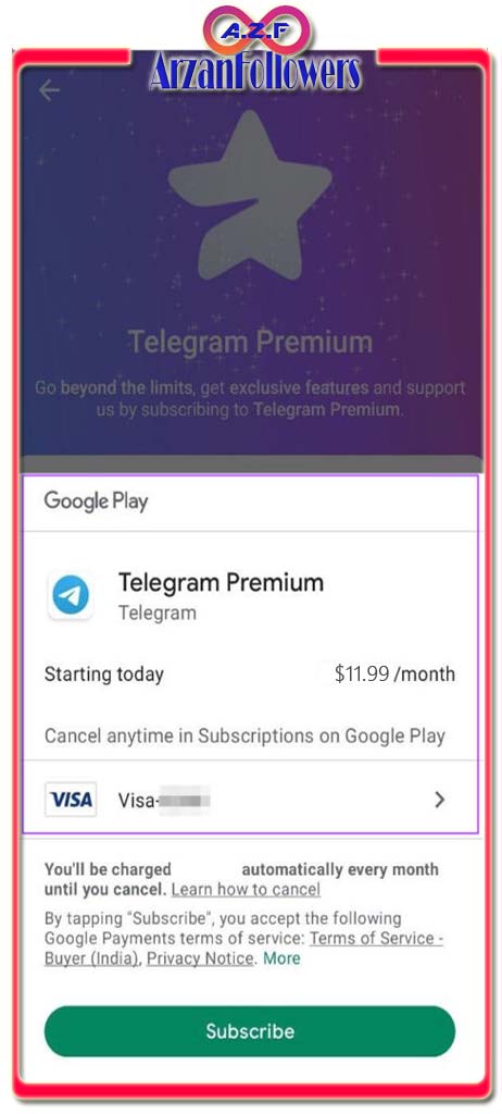 پرداخت هزینه اشتراک اکانت پرمیوم تلگرام